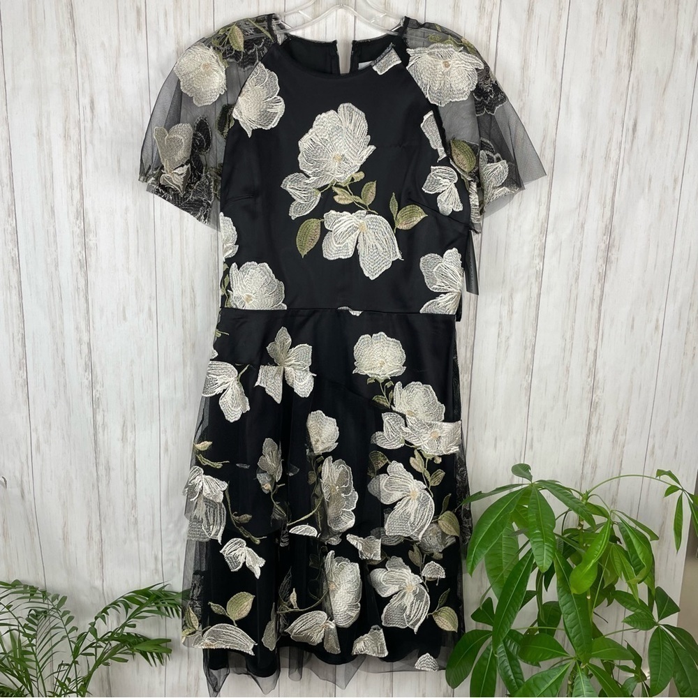 Tahari NWT black floral tulle embroidered layered dress